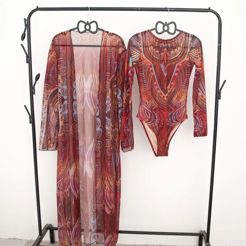 Fashion Printing Swimming Suit for Women Sexy Long Sleeve One Piece Swimsuits Mesh Bikini Cover Up New Vintage Two Piece Set