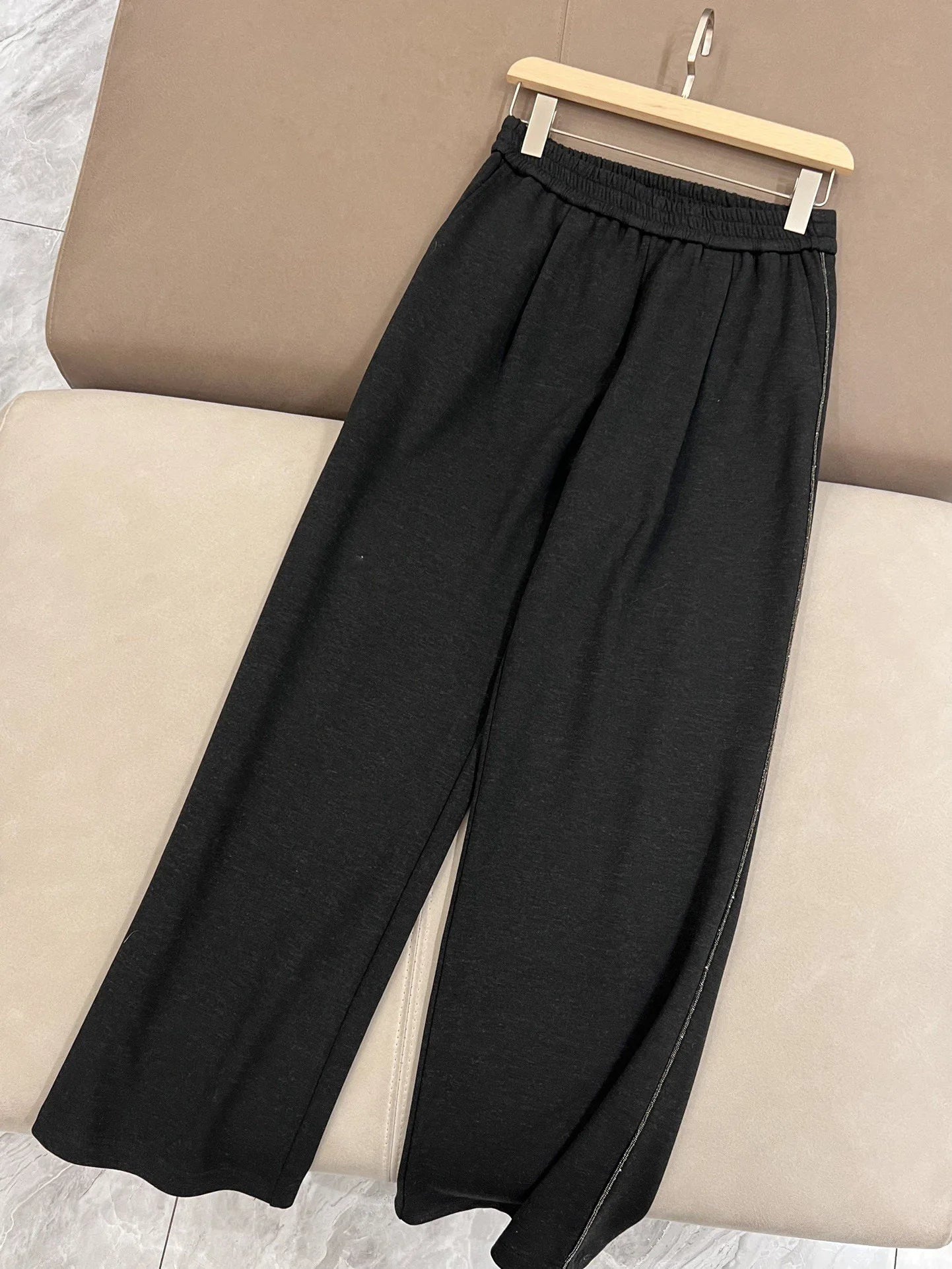 Winter women's elastic waist warm jersey wide pants
