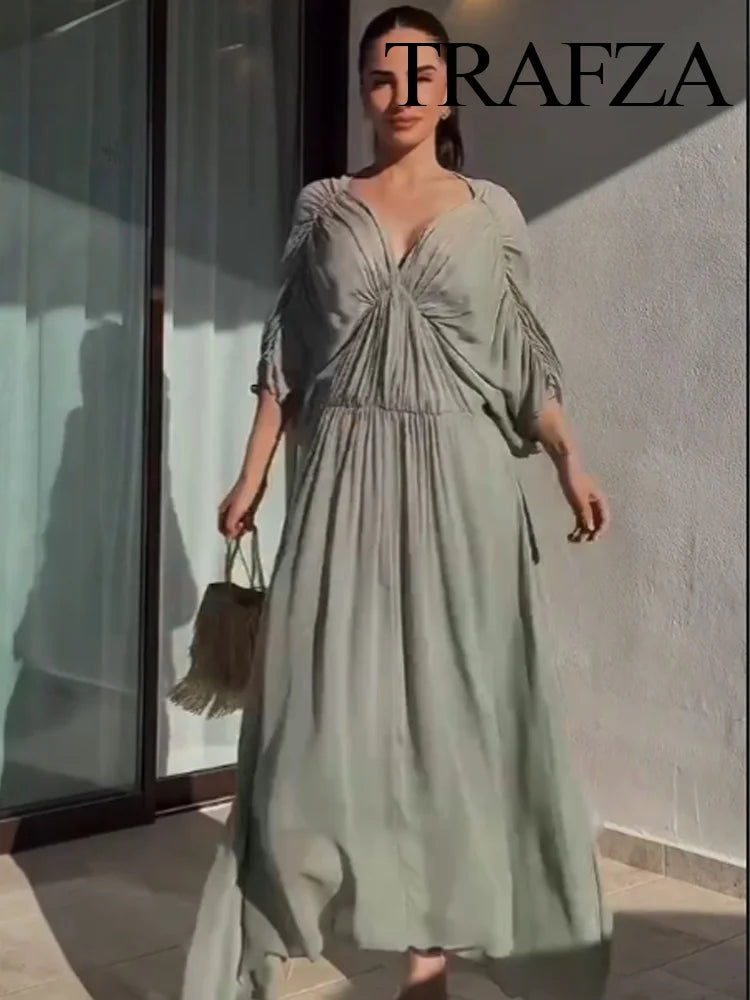 TRAFZA Women's Summer Fashion V-neck Pleated Decoration Short Sleeve Mid Dress Female Elegant Backless Solid Sexy Long Dress