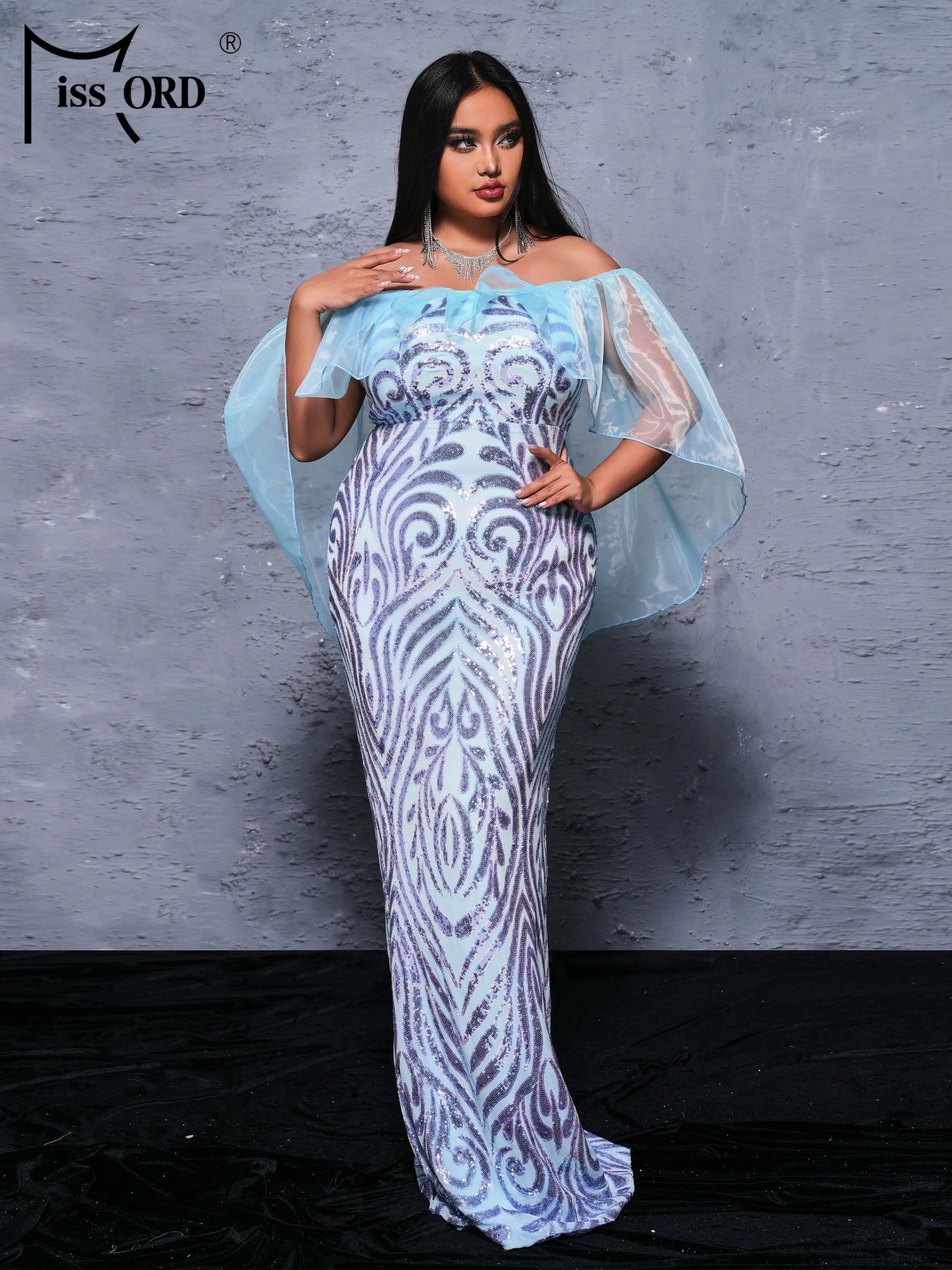 Missord New Plus Size Off Shoulder Batwing Sleeve Sequin Mermaid Evening Gown Wedding Birthday Party Prom Dress