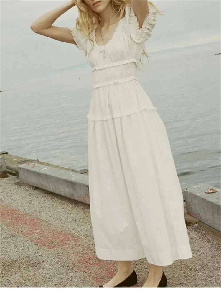 Summer Women Short Sleeve Midi Dress Puff Sleeve Ladies Ruffles Trim Holiday Elegant Pleated Long Robe