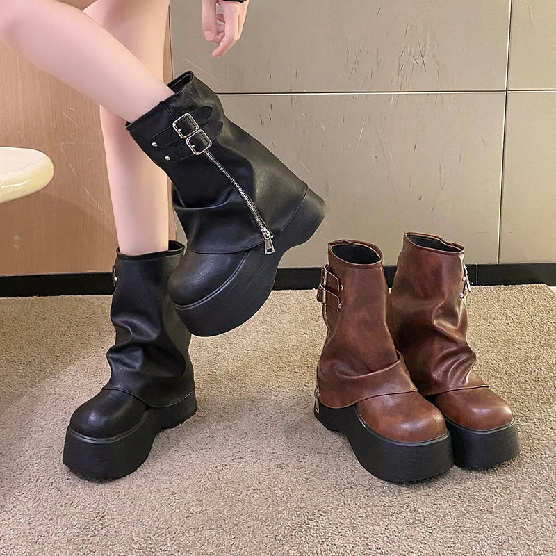 Manufacturer Soft Leather Ankle Mid Calf Boots Winter Autumn High Platform Wedge British Booties Woman New Ladies Chunky Motorcycle Boots 9CM boots