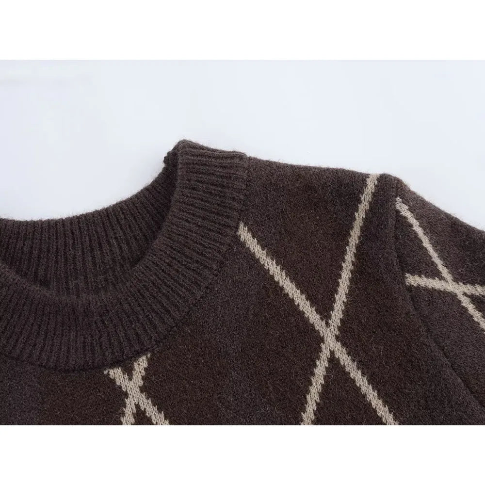 Spring Diamond stripe design lapel Pocket design Casual Chic Cashmere Sweater Winter Comfort knitwear Female Long Sleeve
