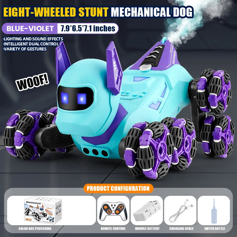 Rc Stunt Car 8-Wheel Mechanical Robot Dog with Lights Spray for Kids Remote Gesture Sensing Control Electronic Pet Toy Car