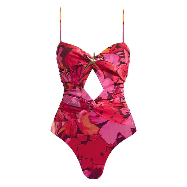 One Piece Floral Swimsuits Women Maxi Dress Print Starfish Brooch Swimwear With Skirt Vacation Bathing Suit Summer Outfit