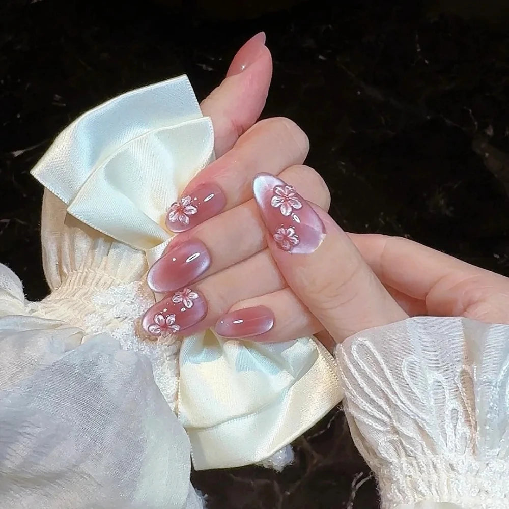 10Pcs Handmade Manicure Short Almond Fake Nails Cute 3D Cat Eye Limited Nails Press On Nails Design with Adhesive Nail File Set