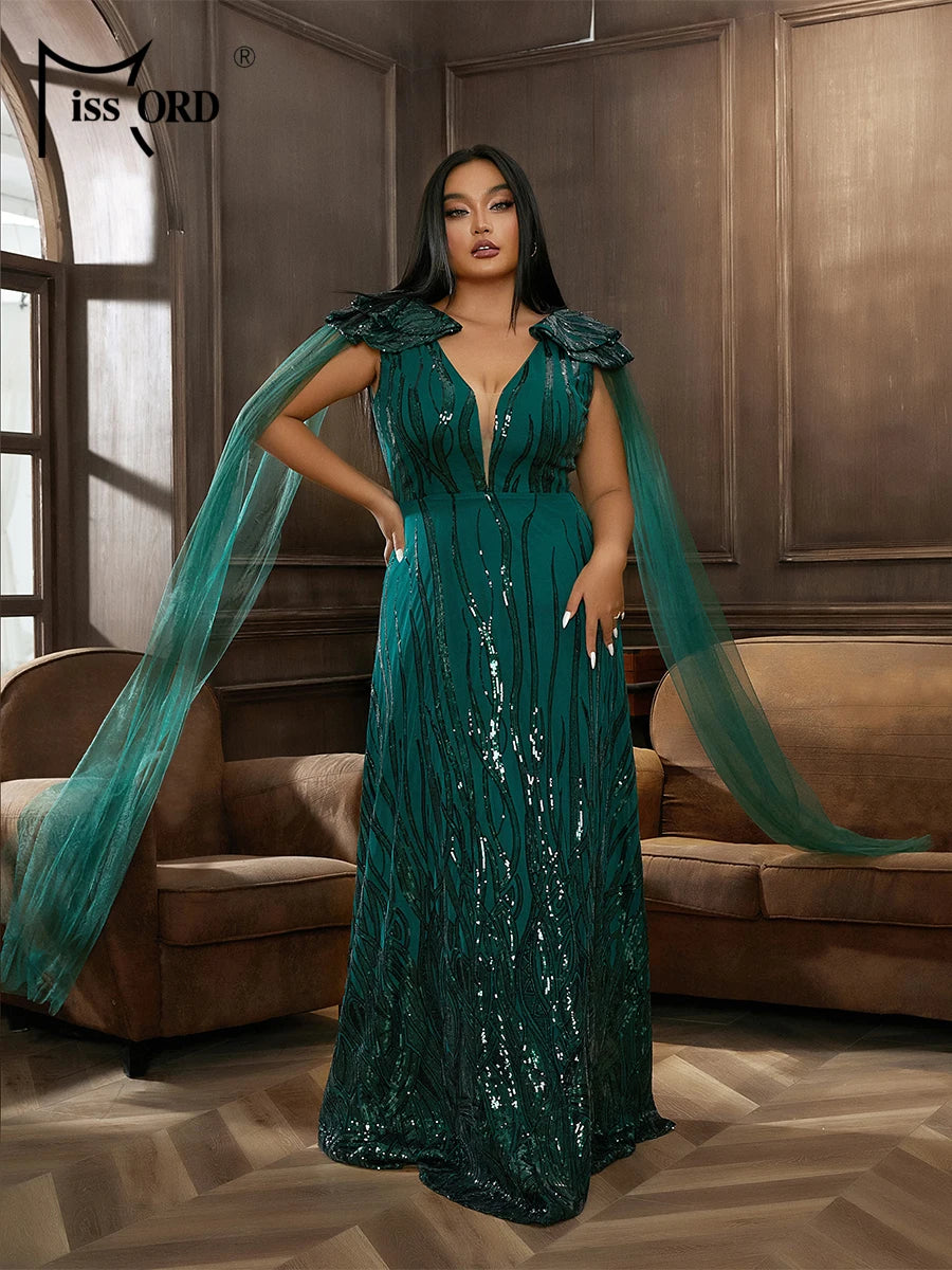 Missord Plus Size V Neck Sequin Mesh Floor Length Evening Dress 4XL Festival Banquet Party Big Size Drees