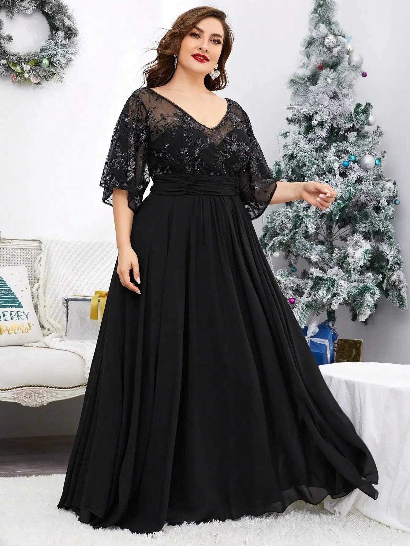 Plus Size Dresses V-neck Sequin Embroidered Frocks See-through Long Sleeve Patchwork Chiffon Full Skirt Evening Gown Ball Dress