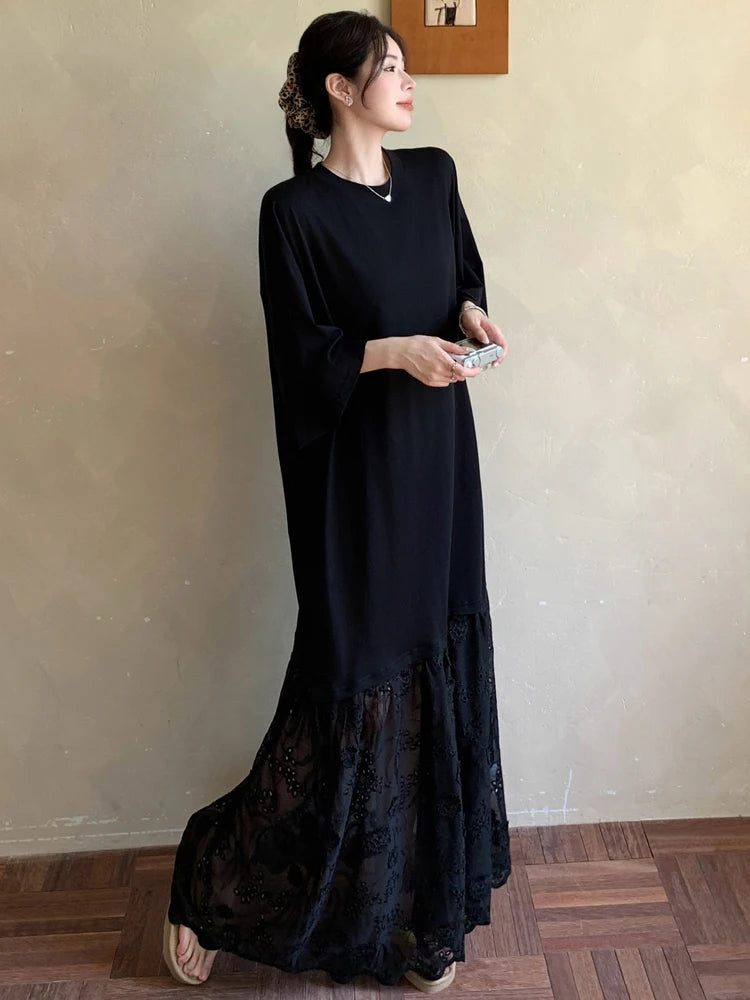 NYFS Korean Style Women's Summer Loose plus Size Patchwork Embroidery hollow lace Hem Short Sleeve Long Dress Robe Elbise
