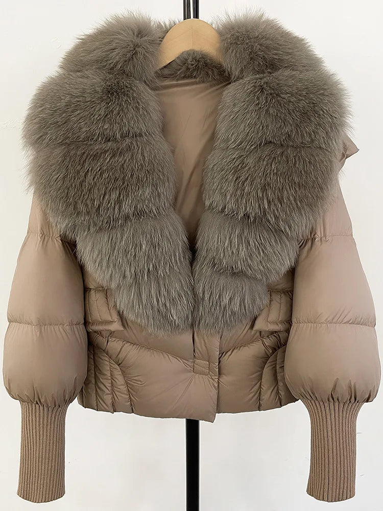 ZMEENNA Women's Black Puffer Down Jacket With Large Real Fur Collar Short Warm Winter Coat Knit Cuffs Elegant Outerwear
