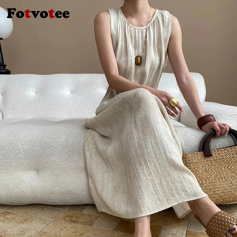 FOTVOTEE Elegant Simple Long Dresses for Women Vintage Bead Lace Up Sleeveless Dress Vacation Casual Temperament Ladies Vestidos