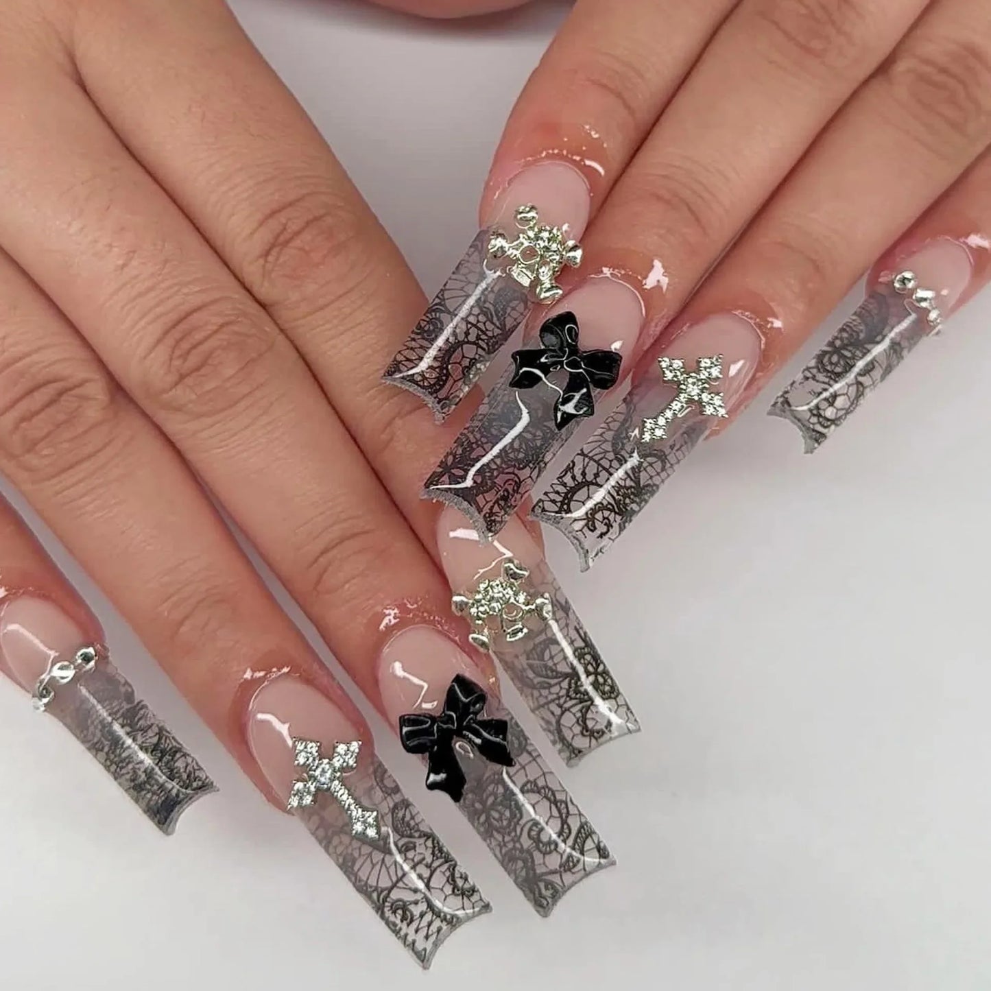 24Pcs Ballet Square Pink Press on Bow Nails 3D Flower with Bandage Design French Nail Tips for Women&Girls Daily,Spring wear
