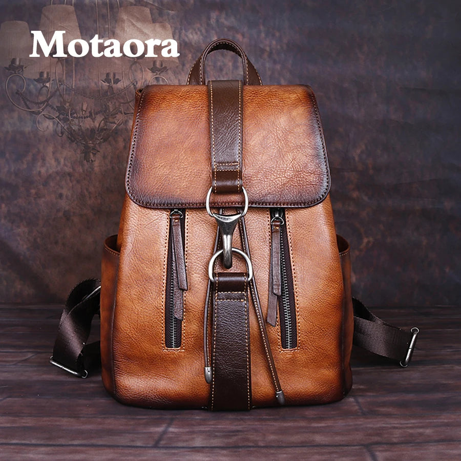 MOTAORA Genuine Leather Women's Vintage Backpack Retro Travel & School Bag Anti-Scratch Cowhide Shoulder Bag for Pad