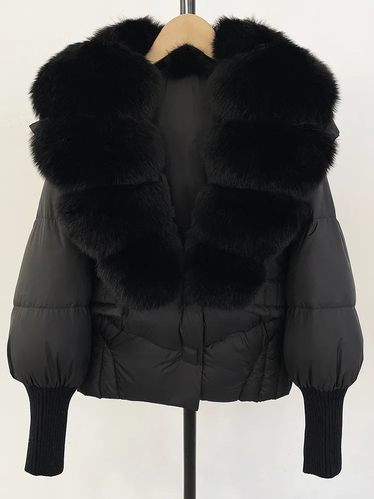 ZMEENNA Women's Black Puffer Down Jacket With Large Real Fur Collar Short Warm Winter Coat Knit Cuffs Elegant Outerwear