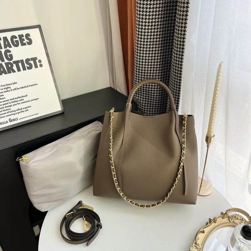 New Leather Women's Bag First Layer Cowhide Coarse Lychee Pattern Fringed Chain Large Empty Capacity Tote Portable Shoulder Bag