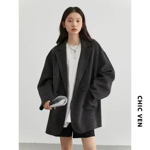 CHIC VEN Women's Woolen Coats Loose Casual Double Breasted Retro Double-sided Jacket Office Lady Outerwear Autumn Winter
