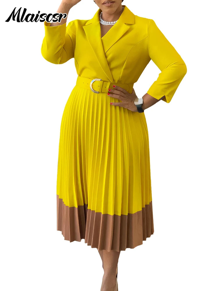 Mlaiscsr Elegant Long Sleeve Solid High Waist A Line Pleated Dress with Belt Women Office Lady African Birthday Evening Vestidos