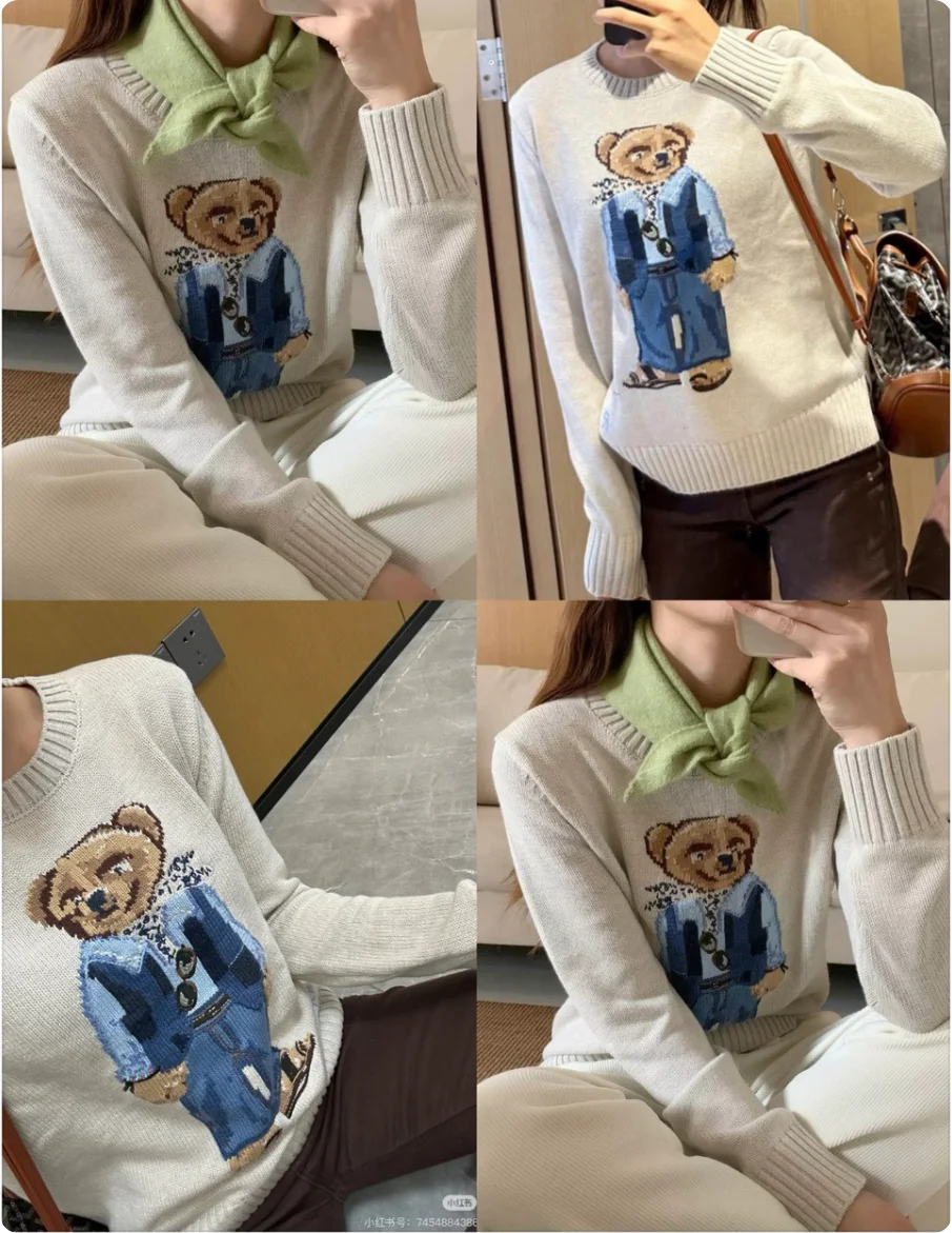 New classic denim jacket, sunglasses, teddy bear embroidery, pure cotton loose and versatile knitted women's pullover sweater
