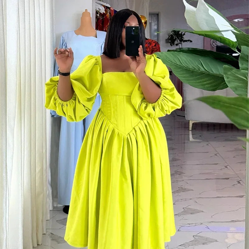 CM.YAYA Women Long lantern Sleeve Square Collar Big Swing Long Maxi Dress Fall Birthday Sexy Party Evening Dresses Vestidos