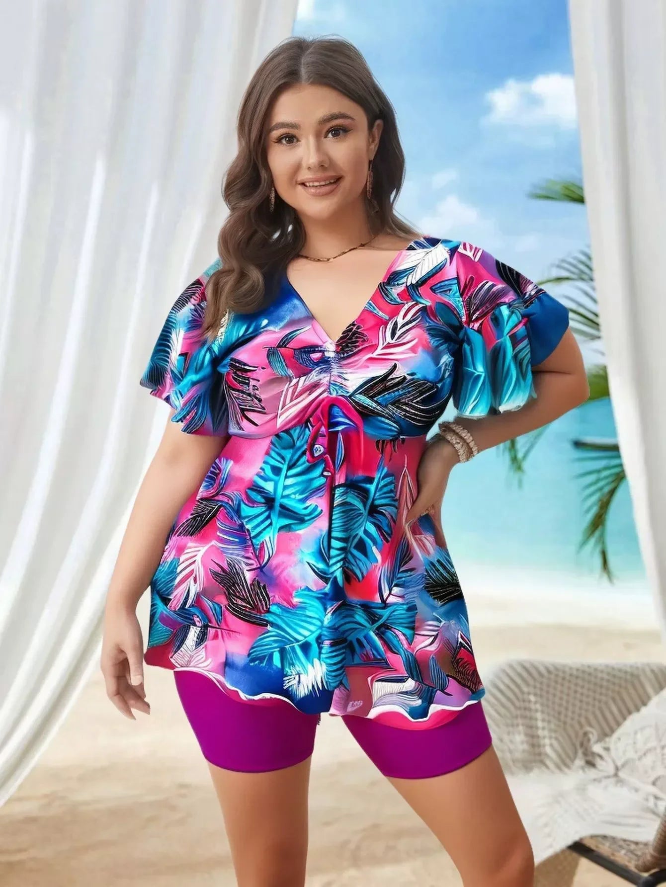 Women's Plus Size Tankini Swimsuits Two Piece Bathing Suits Printed Short Sleeve Swim Tops And High Waist Shorts Swimwear