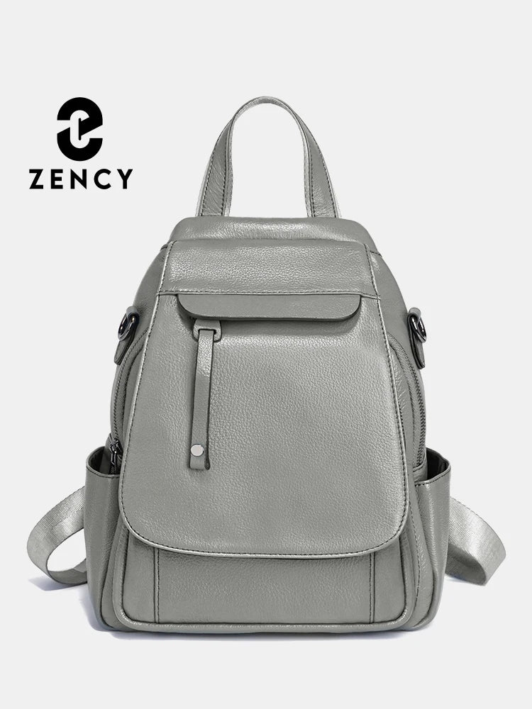 Zency Genuine Leather Women's Fashion Backpack High Quality School Travel Shoulder Bag Satchel Rucksack Multifunctional Pockets
