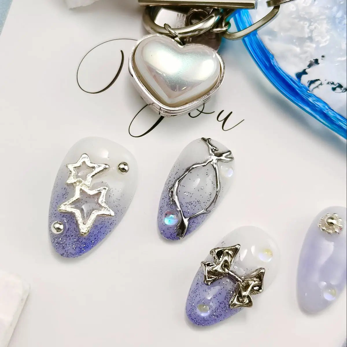 10pcs Handmade Press-on nail Short Almond Nails Bundle 3D Hand drawn Bow Star Diamond Sweet Purple Finished nail stickers