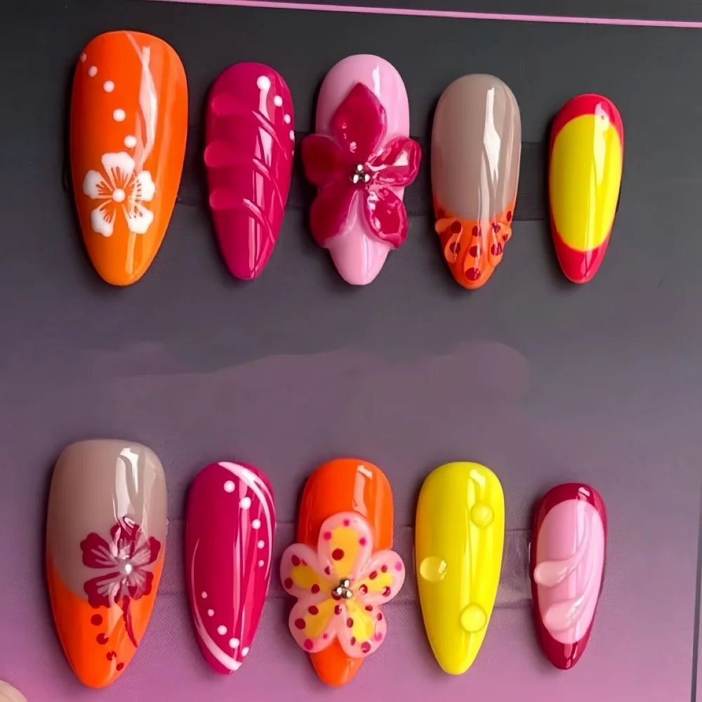 Tropic Affair 3D Flower Nails 10Pcs Handmade Manicure Medium Almond Fake Nails Press On Nails Design With Adhesive Nail File Set