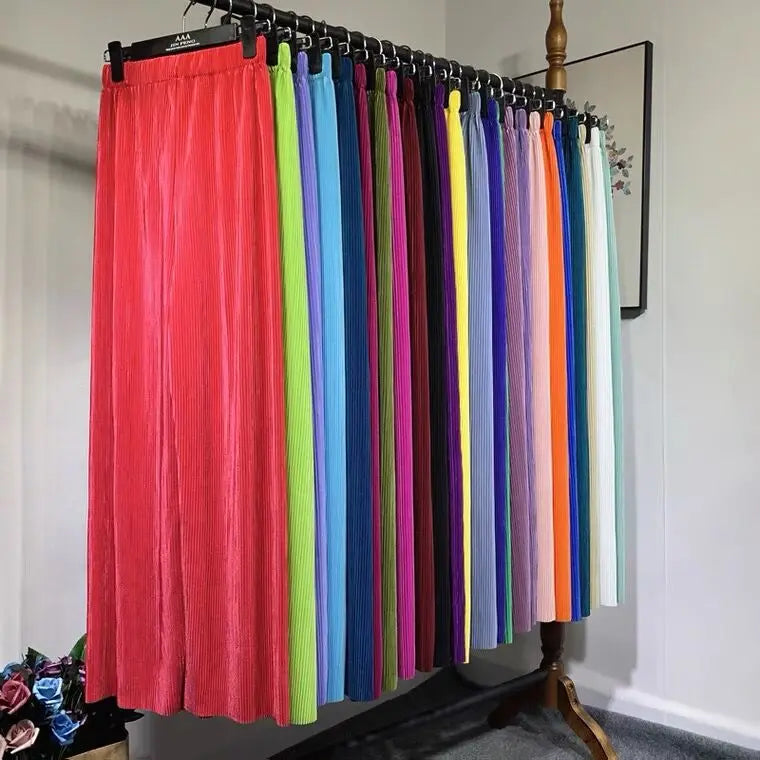 Summer Women Wide Leg Pant Fashion Loose Long Pants Boho Beach Pants Solid Pleated Trousers Elastic High Waist Pant Plus Size