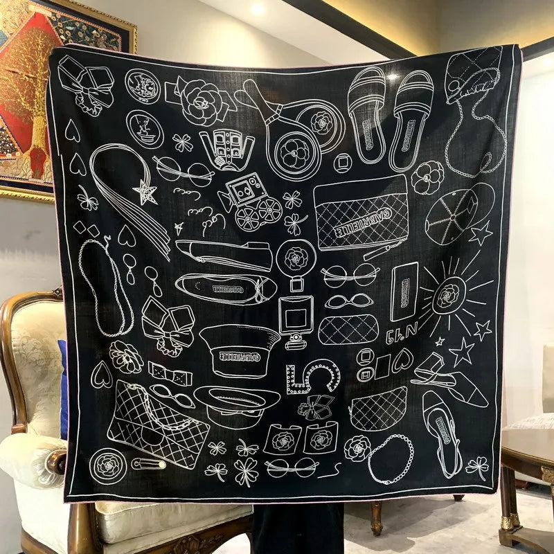 High-end Elegant Women Exquisite Ornate Accessories Double-sided Print Quality Silk Wool Hand-rolled Edge Big Square Scarf Shawl