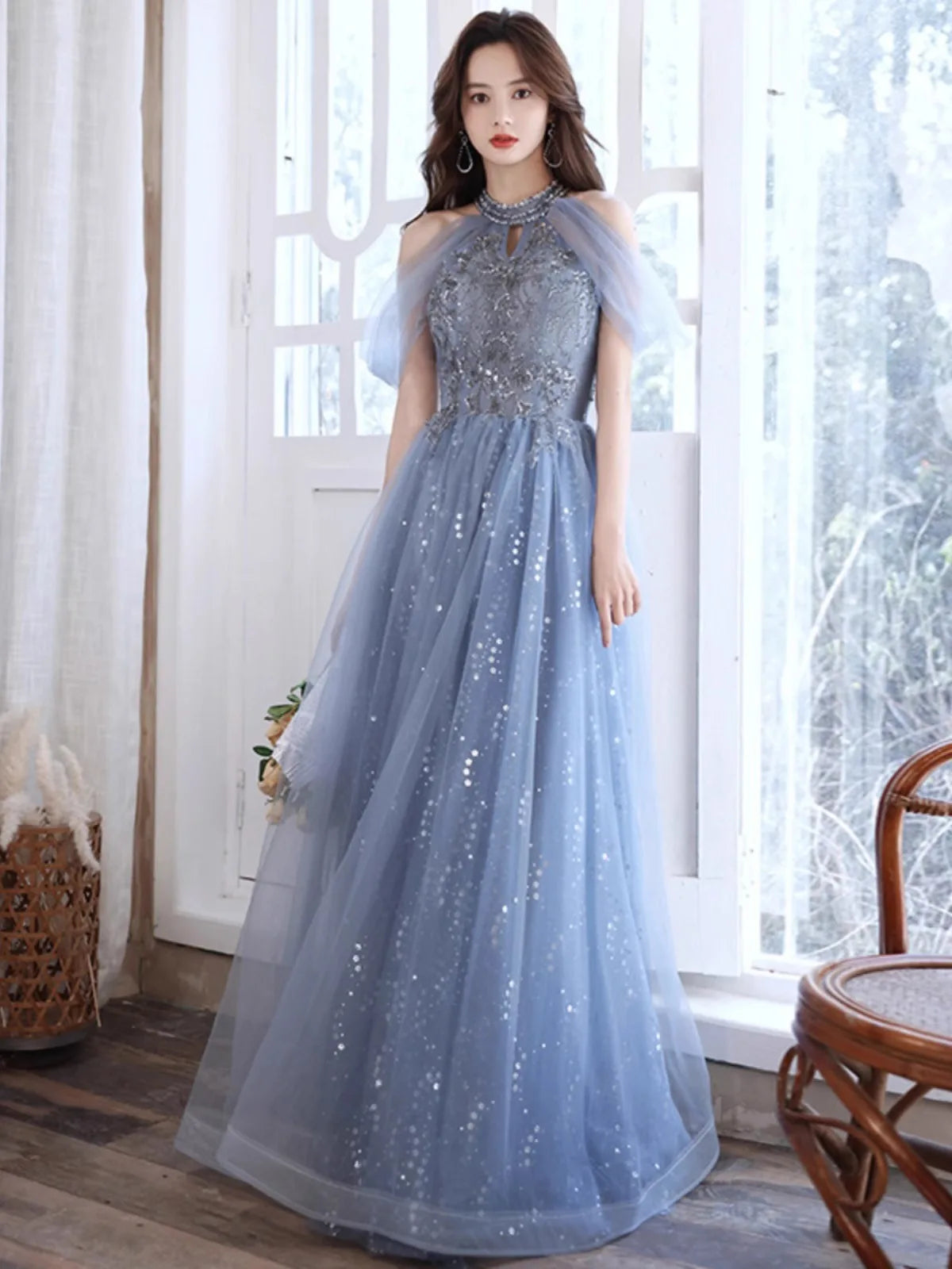 Evening Gown for Women New Style Elegant Temperament Socialite Long Style Host French Banquet Blue Long Style Dress