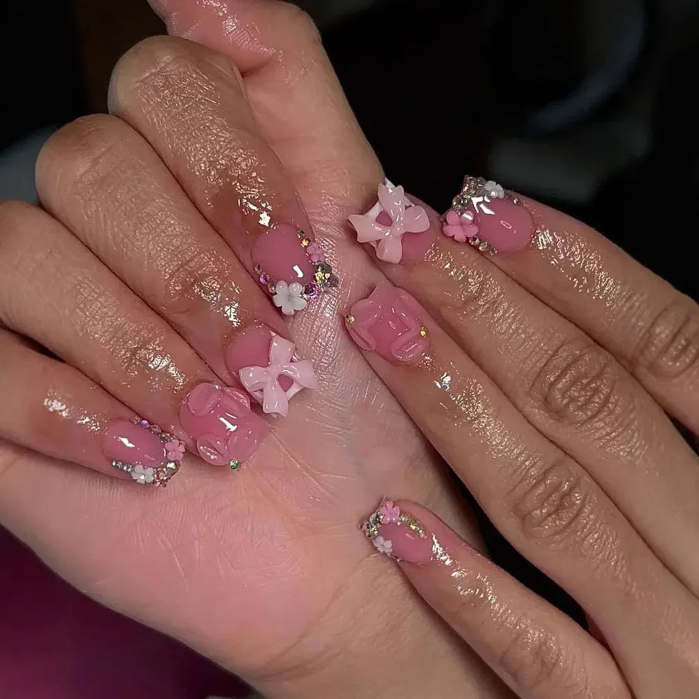 24Pcs Ballet Square Pink Press on Bow Nails 3D Flower with Bandage Design French Nail Tips for Women&Girls Daily,Spring wear