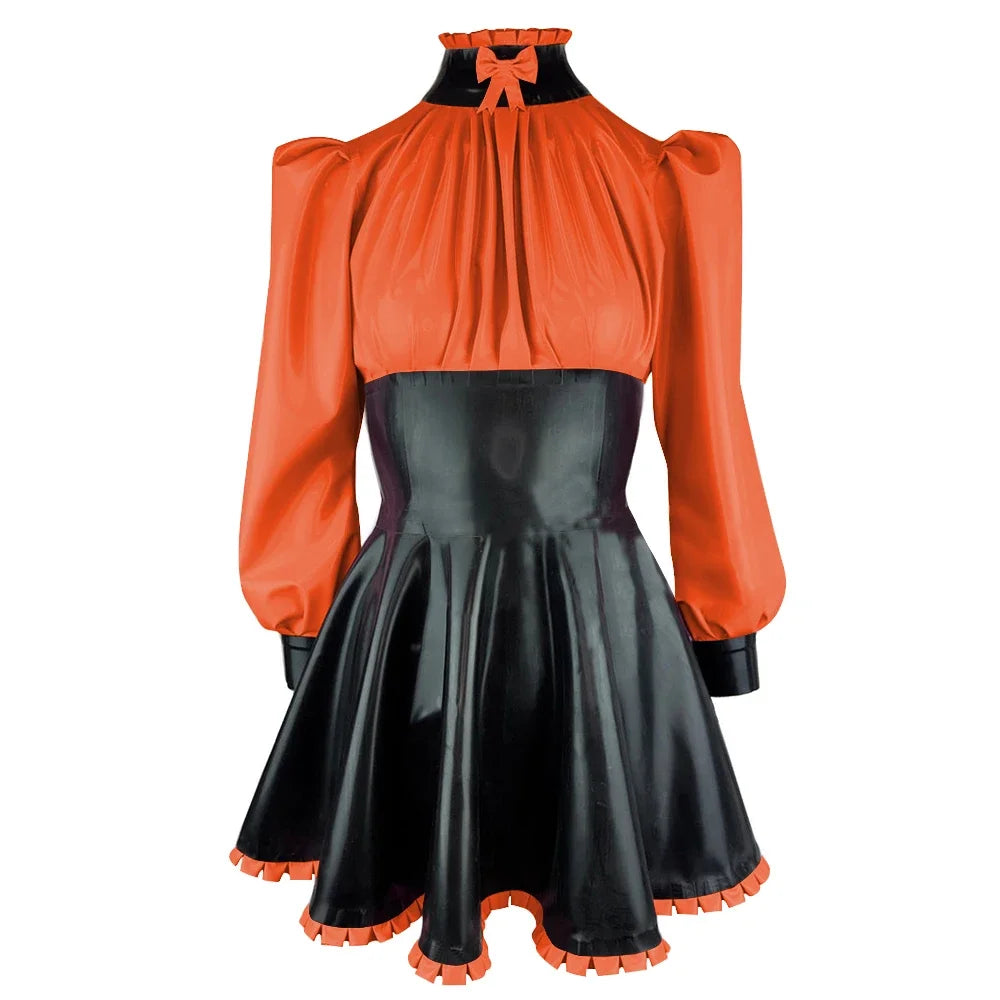 Plus Size High Neck Bow Patchwork Black Faux Latex Mini Dress Women Long Sleeves Slim Fit Ruffled A-line Dress Cocktail Gown