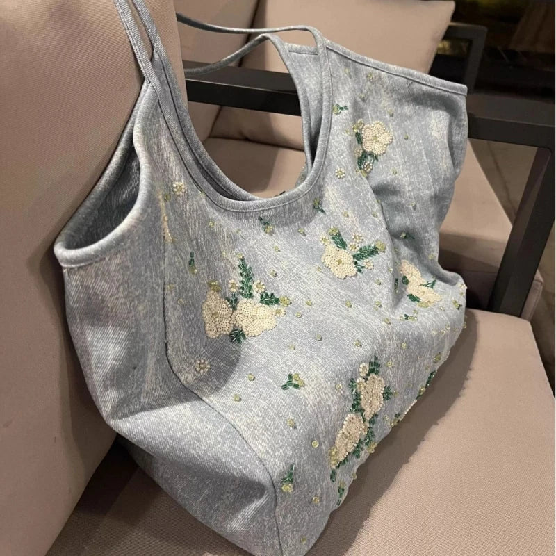 Heavy Industry Ten Thousand Needles Embroidery, Denim Handbag for Women, Casual and Versatile Large Capacity Commuting Tote Bag