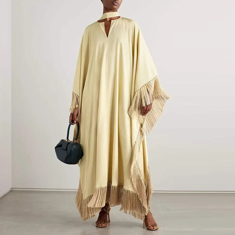 Robes Woman Solid Tassel Irregular Long Dresses Spring Flare Long Sleeve Loose Maxi Dress Fashion V Neck Tie-up Boho Party Dress