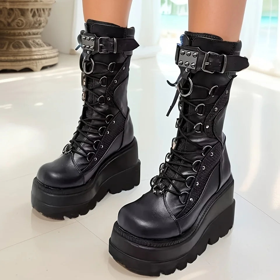Manufacturer Brand New Ladies Goth Platform Boots Fashion Rivet Buckle Punk Wedges High Heels women's Boots Party Street Cosplay Woman Shoes boots