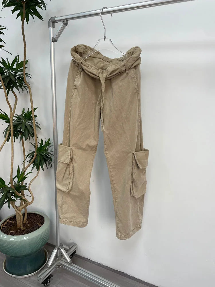 new vintage wash to do old drawstring roll-edge multi-pocket cargo pants lazy casual loose mopping pants