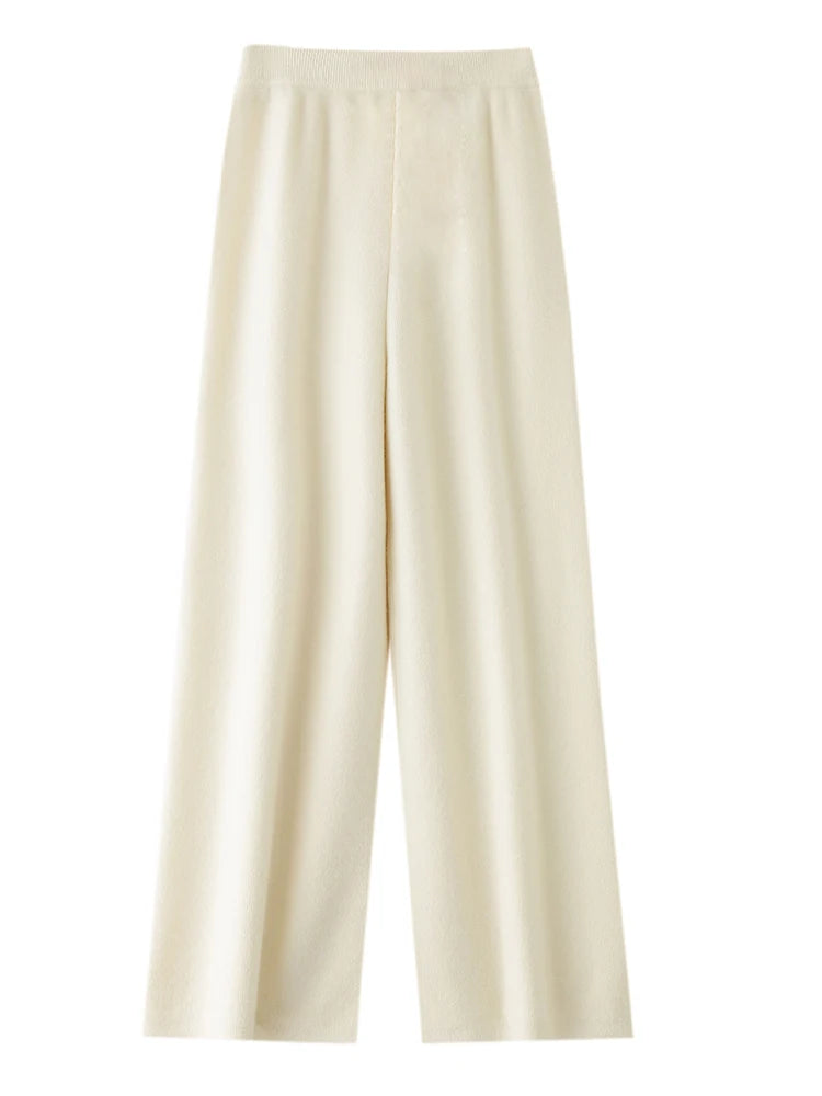Women 100% Merino Wool Knitted Wide Leg Pant Autumn Winter Basic Soft Warm Cashmere Knit Trousers Casual Simple Fashion Style