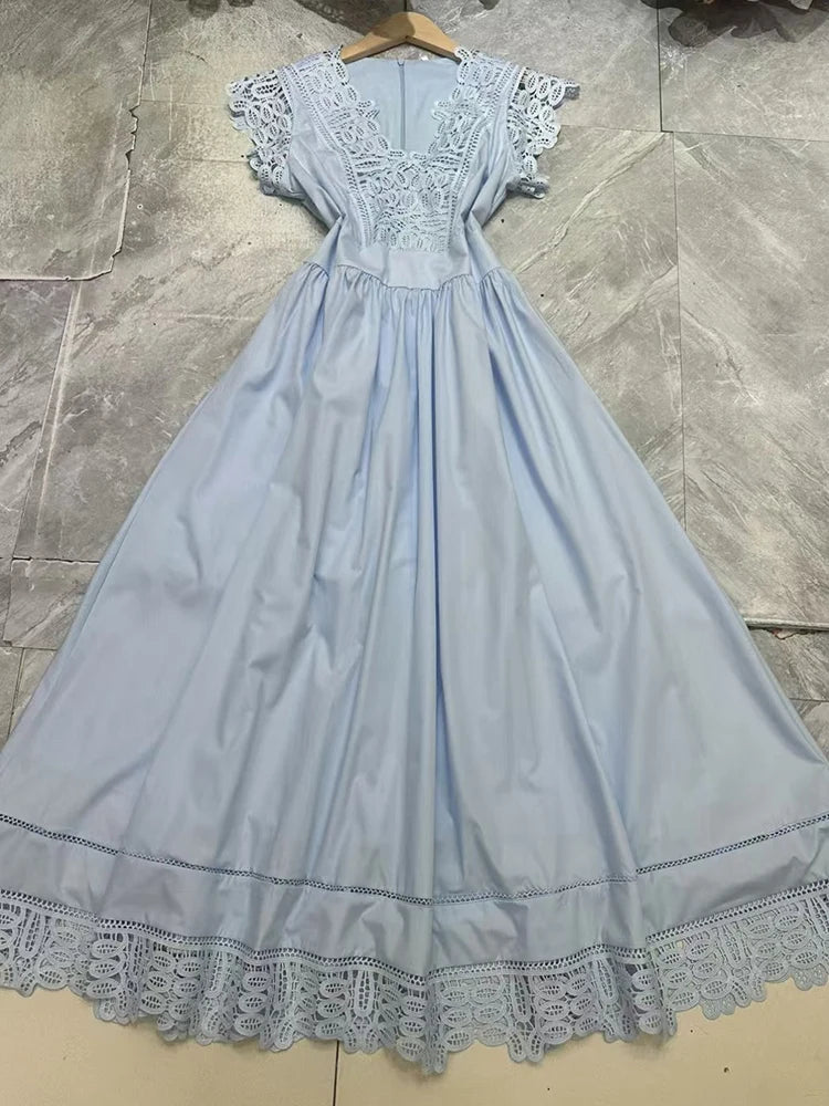 Fashion stitching lace openwork lace skirt slim waist dress solid color summer women's new temperament long A-line skirt