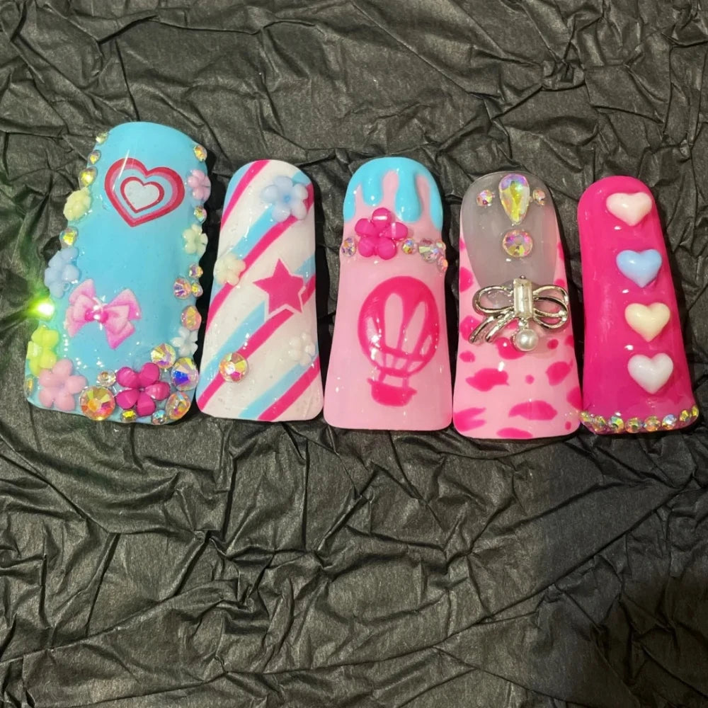 10 Pcs Handmade Manicure Medium Duck Fake Nails Cute French Nails Press On False Nails 3D Art Design with Adhesive Nail File Set