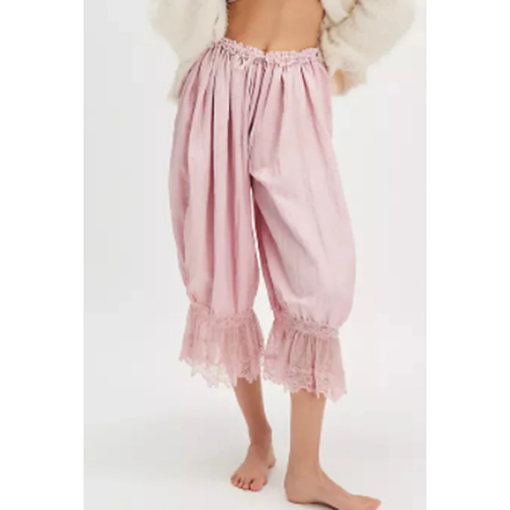 Combhasaki Women's Y2K Loose Fit Bloomers Cropped Pants Drawstring High Waist Floral Lace Patchwork Calf-Length Lantern Trousers pant