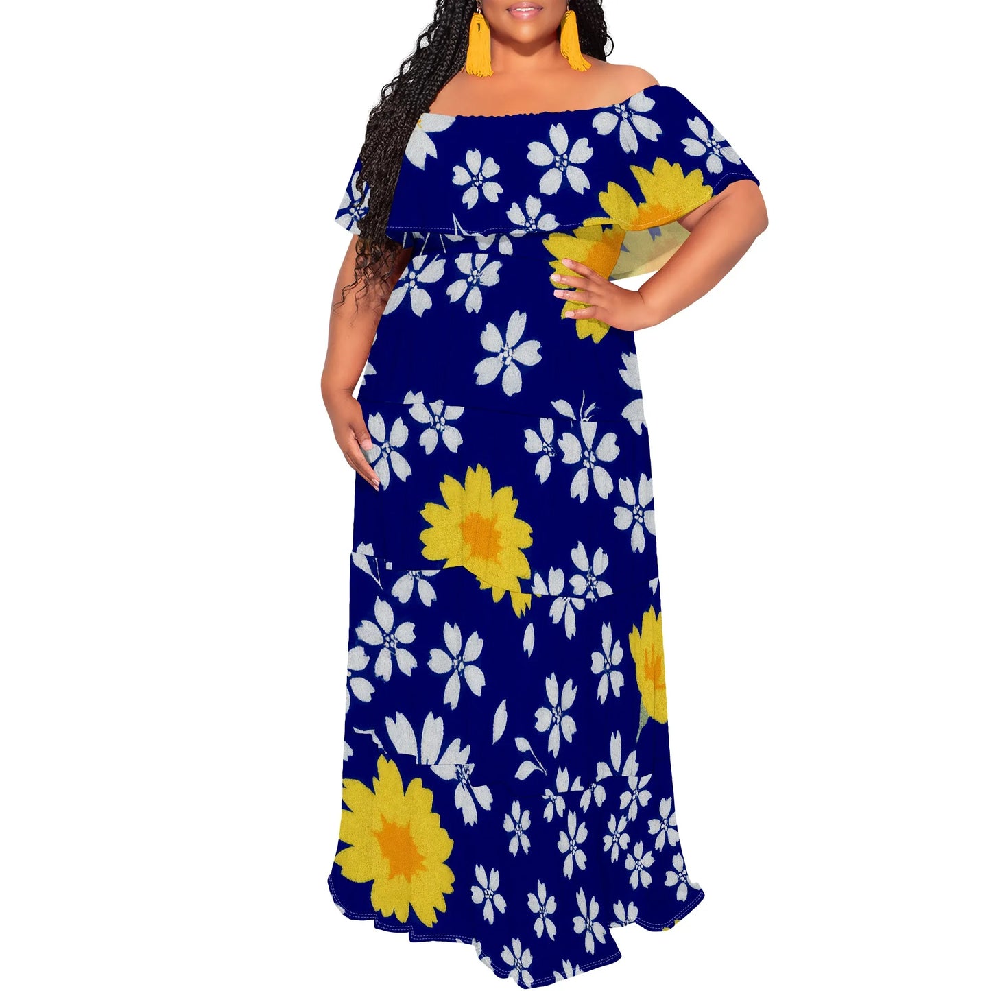 Womens Off The Shoulder Dress Summer Casual Long Ruffle Party Side Split Beach Maxi Dresses with Pockets