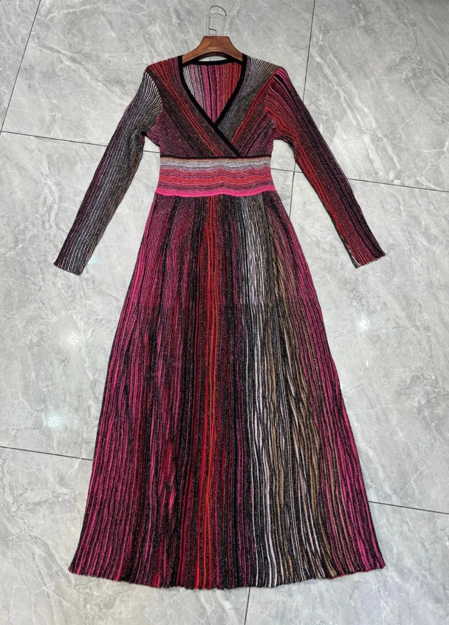 Sequined Striped Women's Pleated Knitted Dress New 2 Colors V-Neck High Waist Long Sleeve Fashion Female Robe