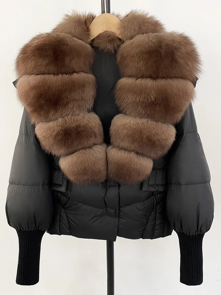 ZMEENNA Women's Black Puffer Down Jacket With Large Real Fur Collar Short Warm Winter Coat Knit Cuffs Elegant Outerwear