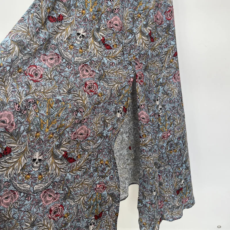 Women Short Sleeve Dress Female Casual V-Neck Long Dresses Lady Floral Print Lace Robes New Split Jupes