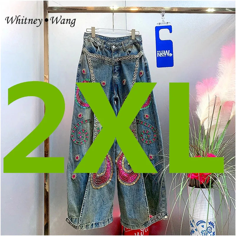 WHITNEY WANG Designer Style Autumn Winter Fashion Streetwear Sequins Diamonds Wide Leg Jeans Women Denim Pant Size S-5XL