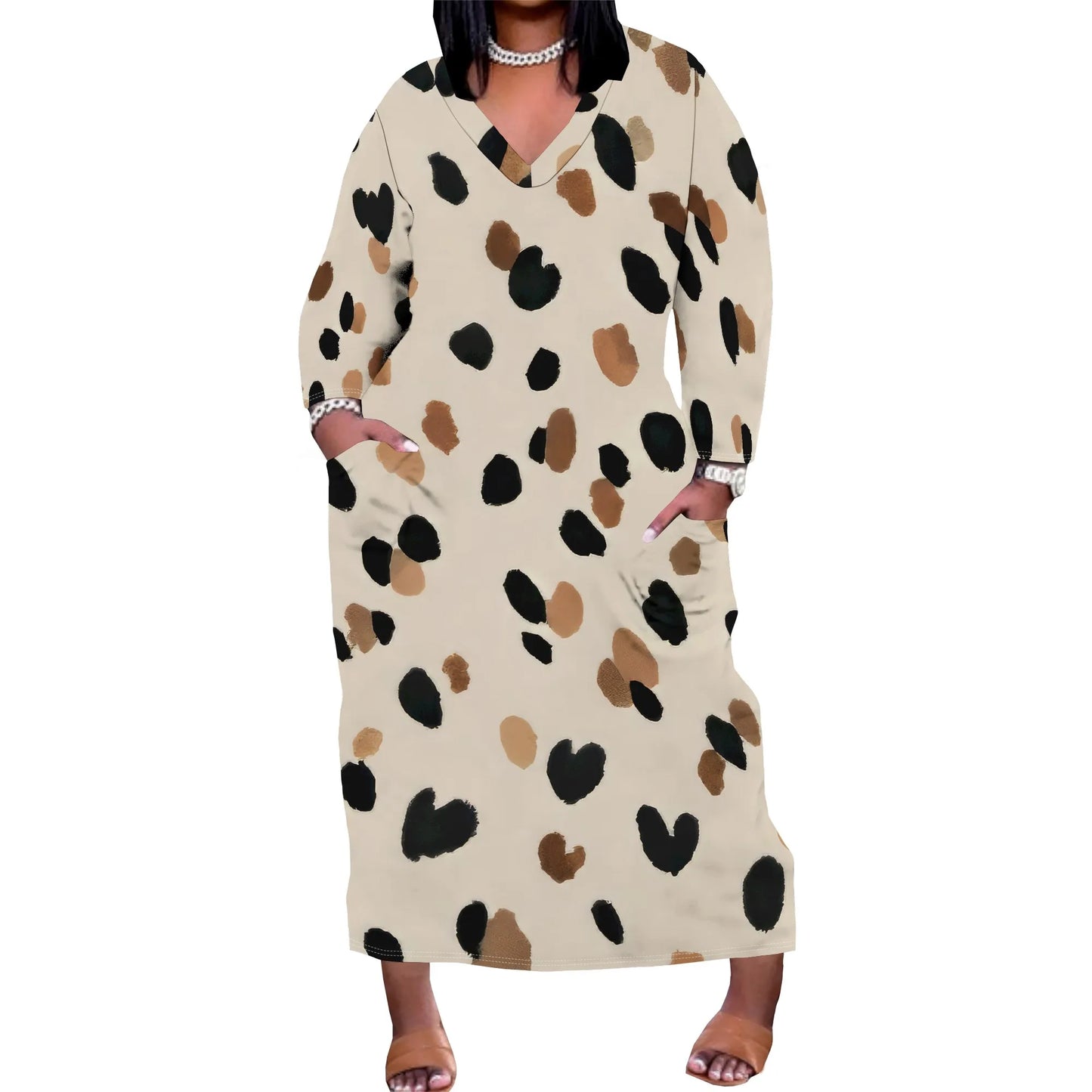 Women's Long Sleeve Plus Size Polka Dot Print Maxi Dress V Neck with Pockets Dress Loose Casual Autumn Outfit