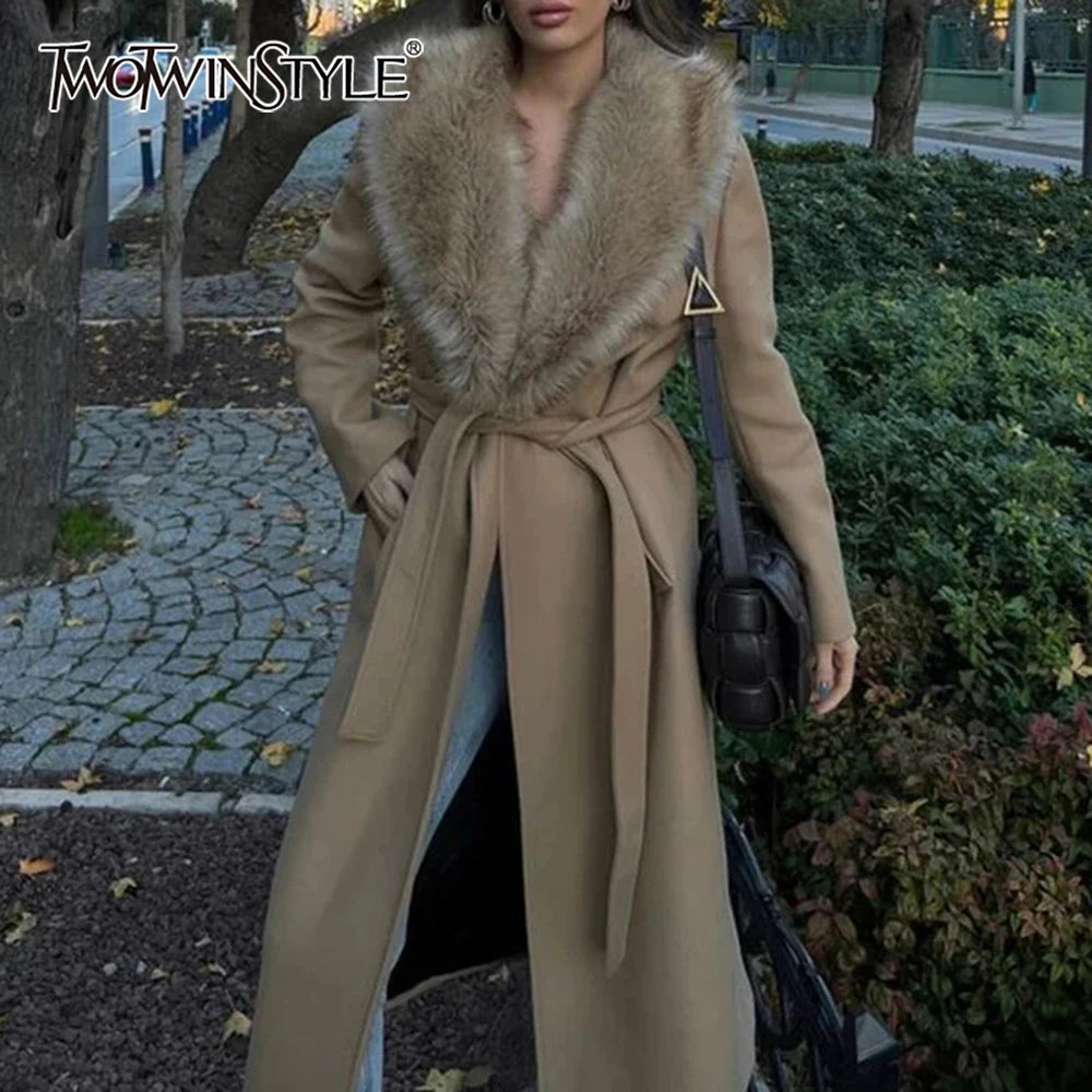 TWOTWINSTYLE Basics Patchwork Lace Up Coats for Women Lapel Spliced Artificial Fur Long Sleeve Midi Length Jacket Female Winter
