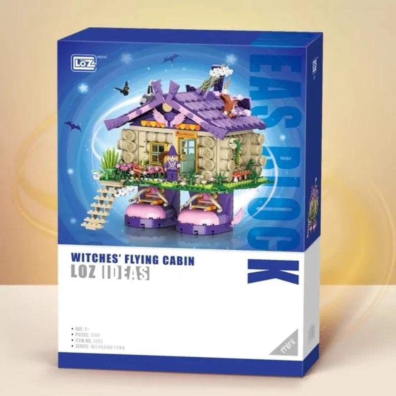 Witch Flying Log Cabin Building Blocks Magic Wooden House Model Ornaments Children’s Educational Assembled Toys Halloween Gifts