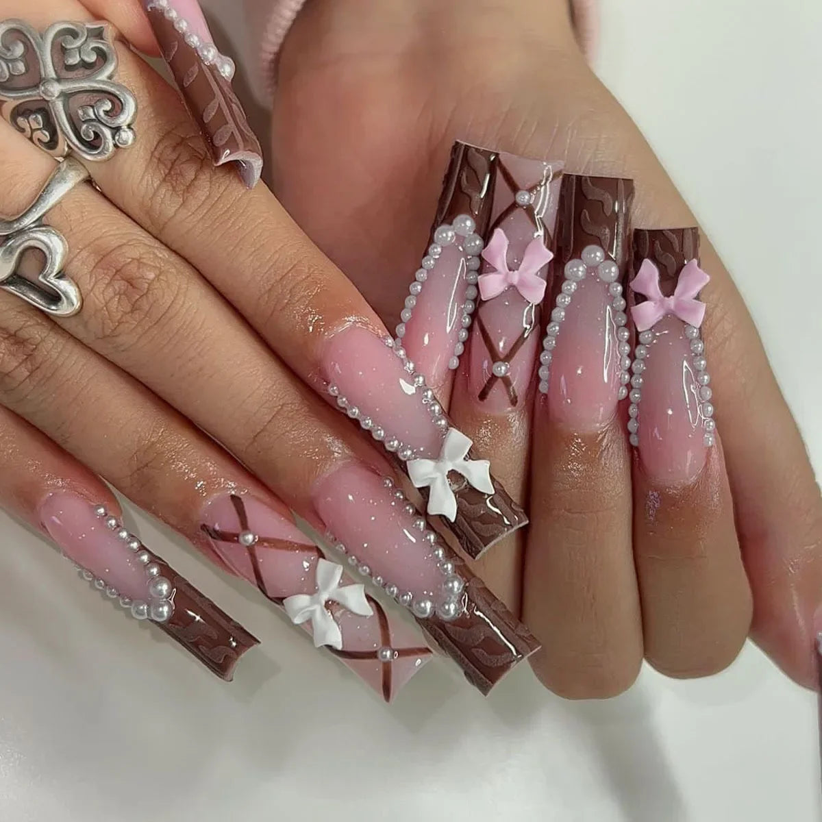 24Pcs Ballet Square Pink Press on Bow Nails 3D Flower with Bandage Design French Nail Tips for Women&Girls Daily,Spring wear