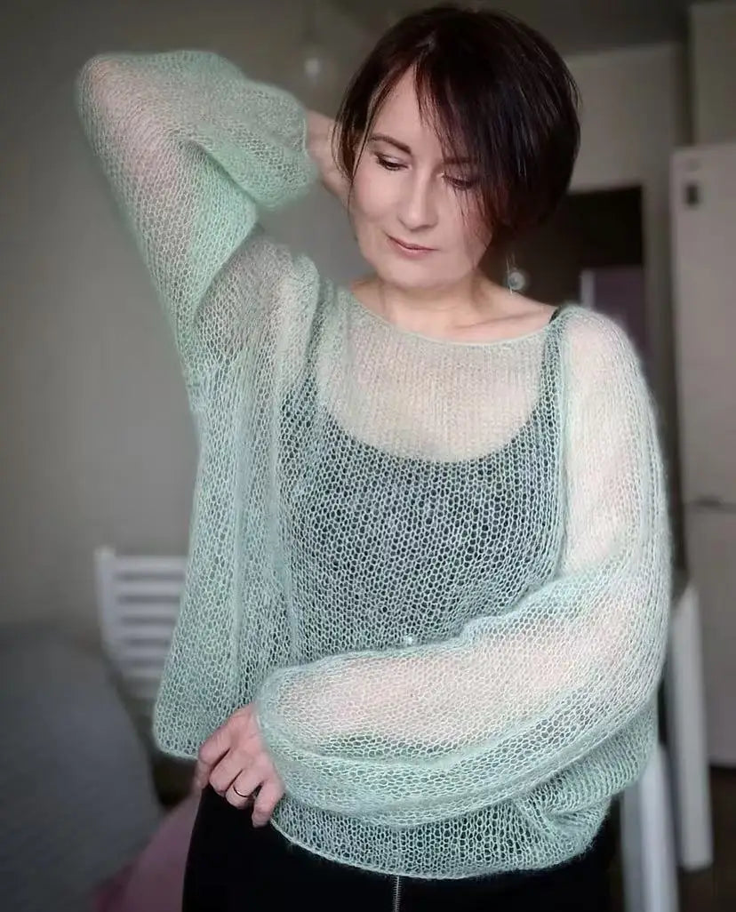 Sweet one neck pullover thin hollow out sweater for women, hand woven loose and comfortable mohair wool sweater new style